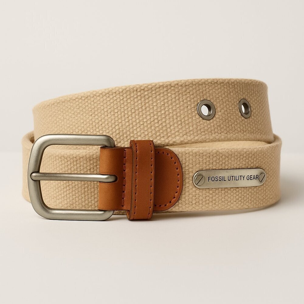 Fossil Utility Gear Khaki Canvas Web Belt with Cognac Leather Trim size 38